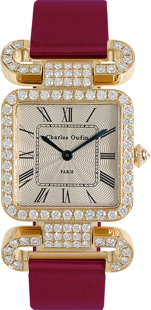 18K yellow gold Diamond set wristwatch of square shape with articulated diamond set lugs on top and bottom Arabic style dial with Hindu numerals Wine satin strap signed Charles Oudin Paris