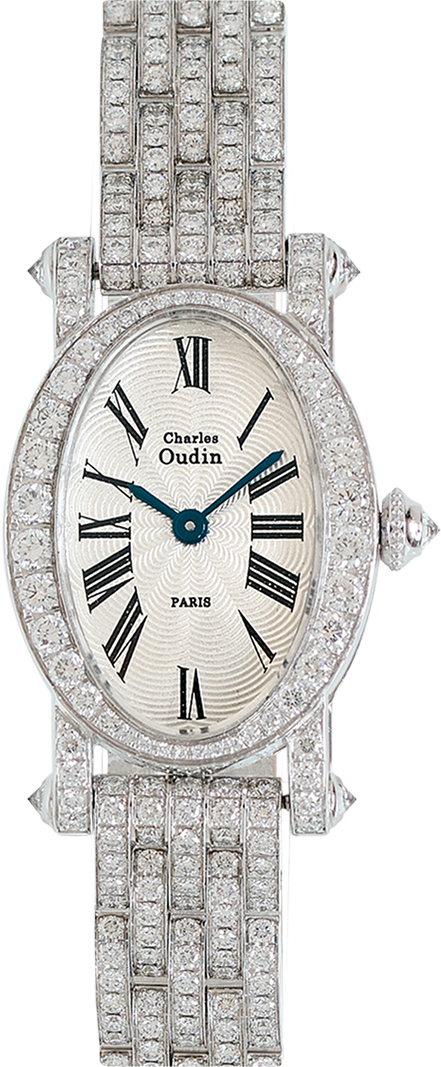 Full Diamond Daisy Retro in 18K white gold set with Diamonds luxury wristwatch of oval shape Roman numerals signed Charles Oudin Paris