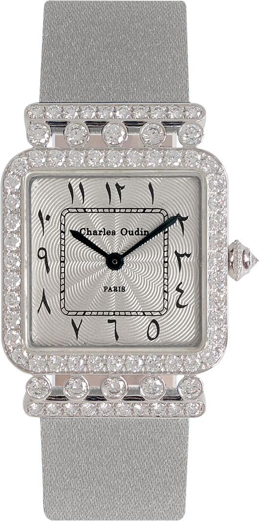 Charles Oudin Rose Retro watch 18K white gold diamonds, White Satin strap