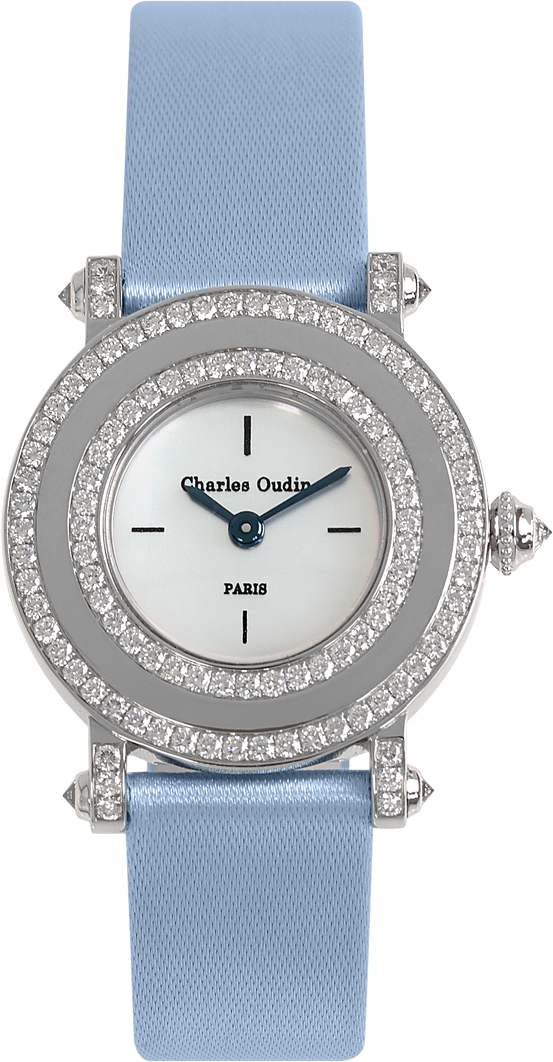 Classic and timeless, Aster Miroir diamond luxury watch mother of pearls dial, ciel satin strap by Charles Oudin Paris 8 place Vendôme Parisian watchmaker since 1797