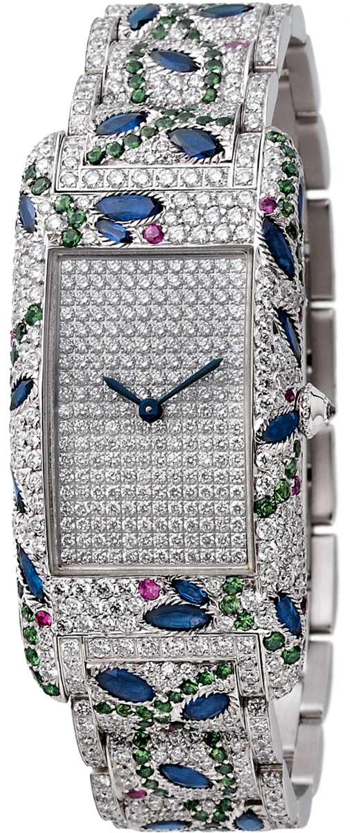 high jewellery watch in 18K white gold rectangular case & bracelet set with precious stones: diamonds, tsavorites, pink sapphires & rubis, diamond dial signed Charles Oudin Paris