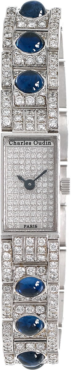 Sapphire Cabochon Ligne in 18K white gold square watch set with natural sapphires and diamonds, diamond dial Charles Oudin Paris